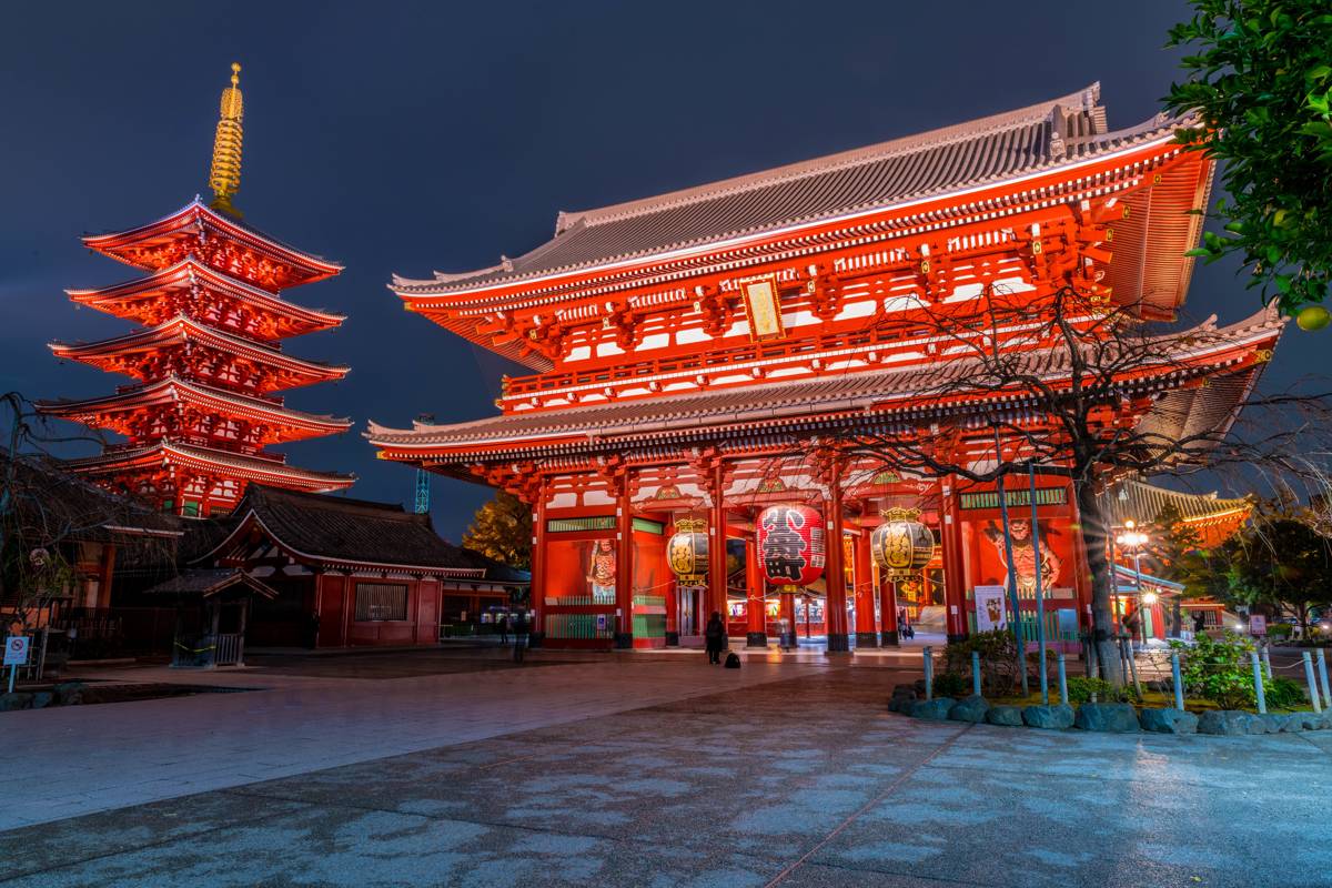 Senso-ji Buddhist temple Asakusa Tokyo illuminated at night with red lanterns